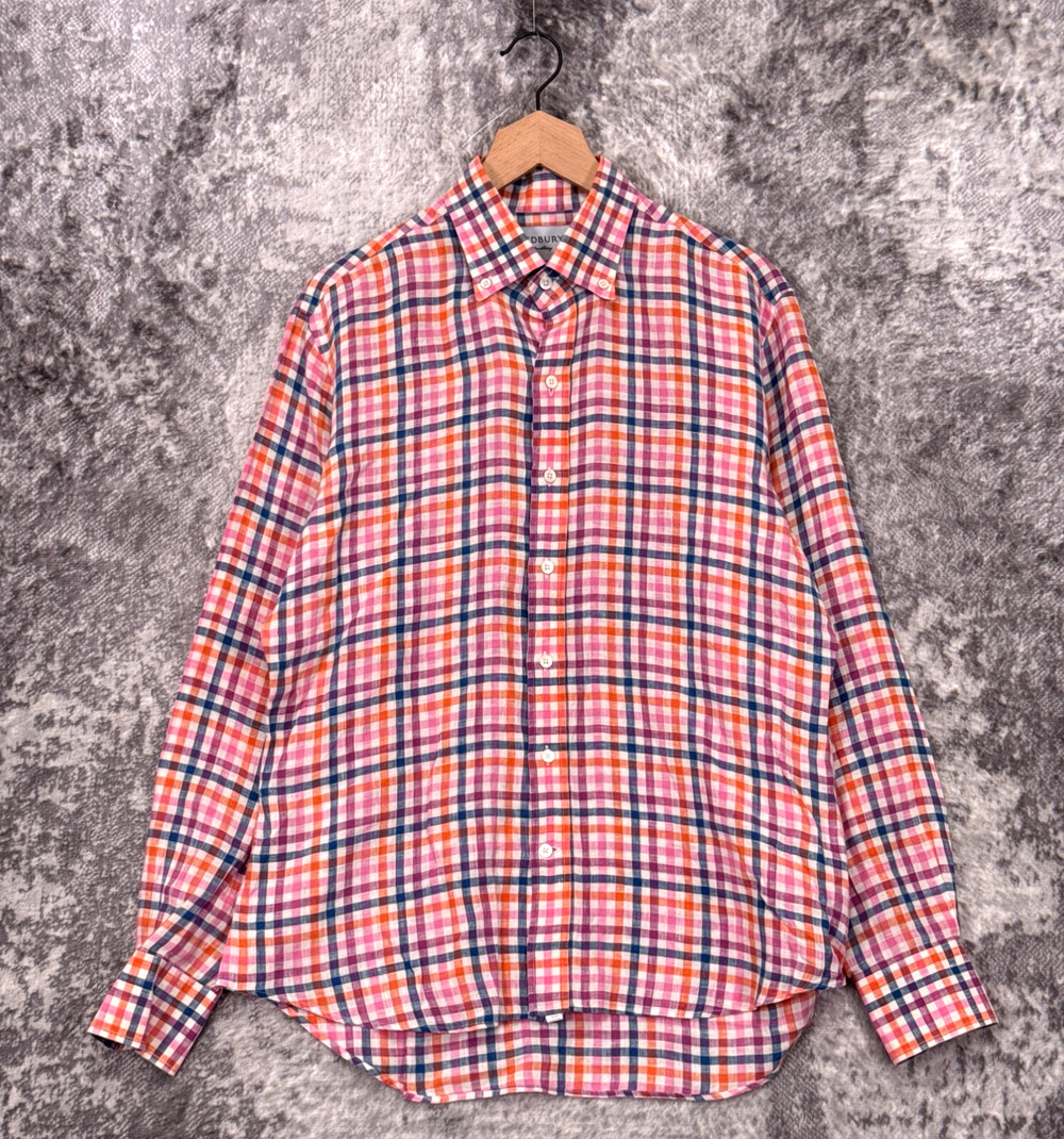 Ledbury Shirt Large Mens Slim Fit Colorful Linen Gingham Check Long Sleeve